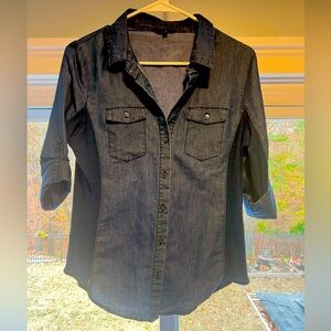 Dark Wash Faux Denim Button Down Shirt